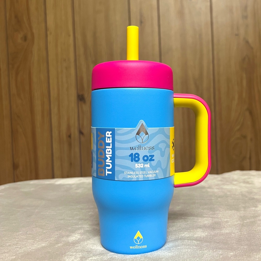 Wellness Buddy Tumbler 18oz Stainless Steel Insulated Blue Pink Yellow NEW